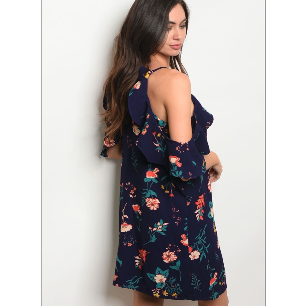Deep Navy Floral off shoulder dress